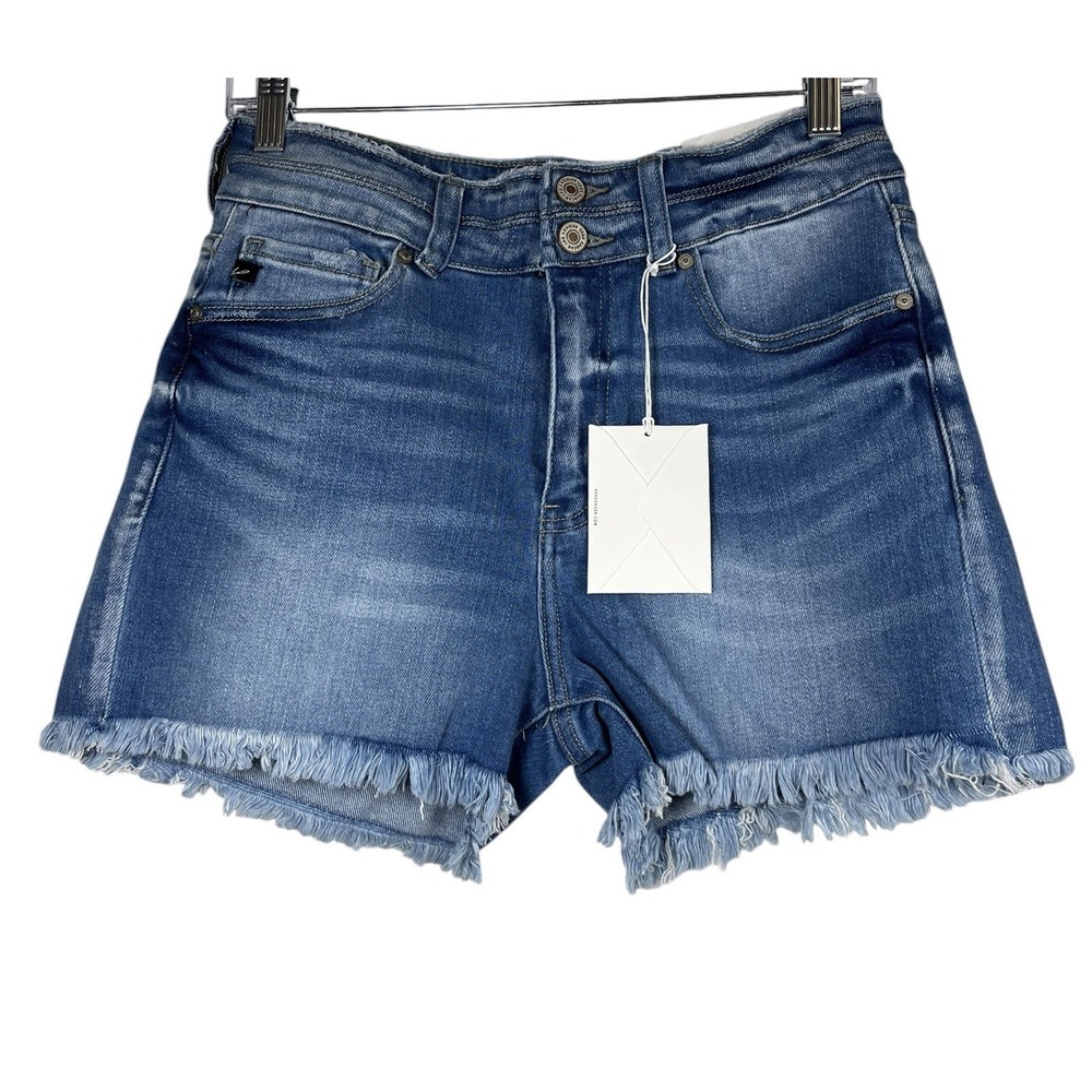 NWT KanCan Sz L 28 Jean Shorts Cutoff Denim High Rise Med Blue Frayed Hem New